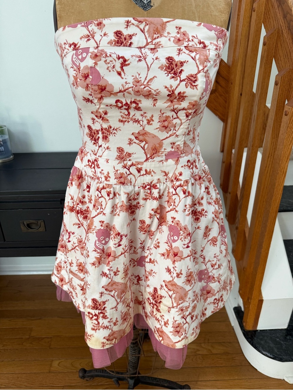 Betsey Johnson Cream and Rose Pink Floral Skull Strapless Party Dress